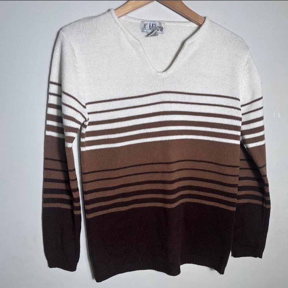 Vintage Cream & Brown Gradient Stripe V-Neck Sweater